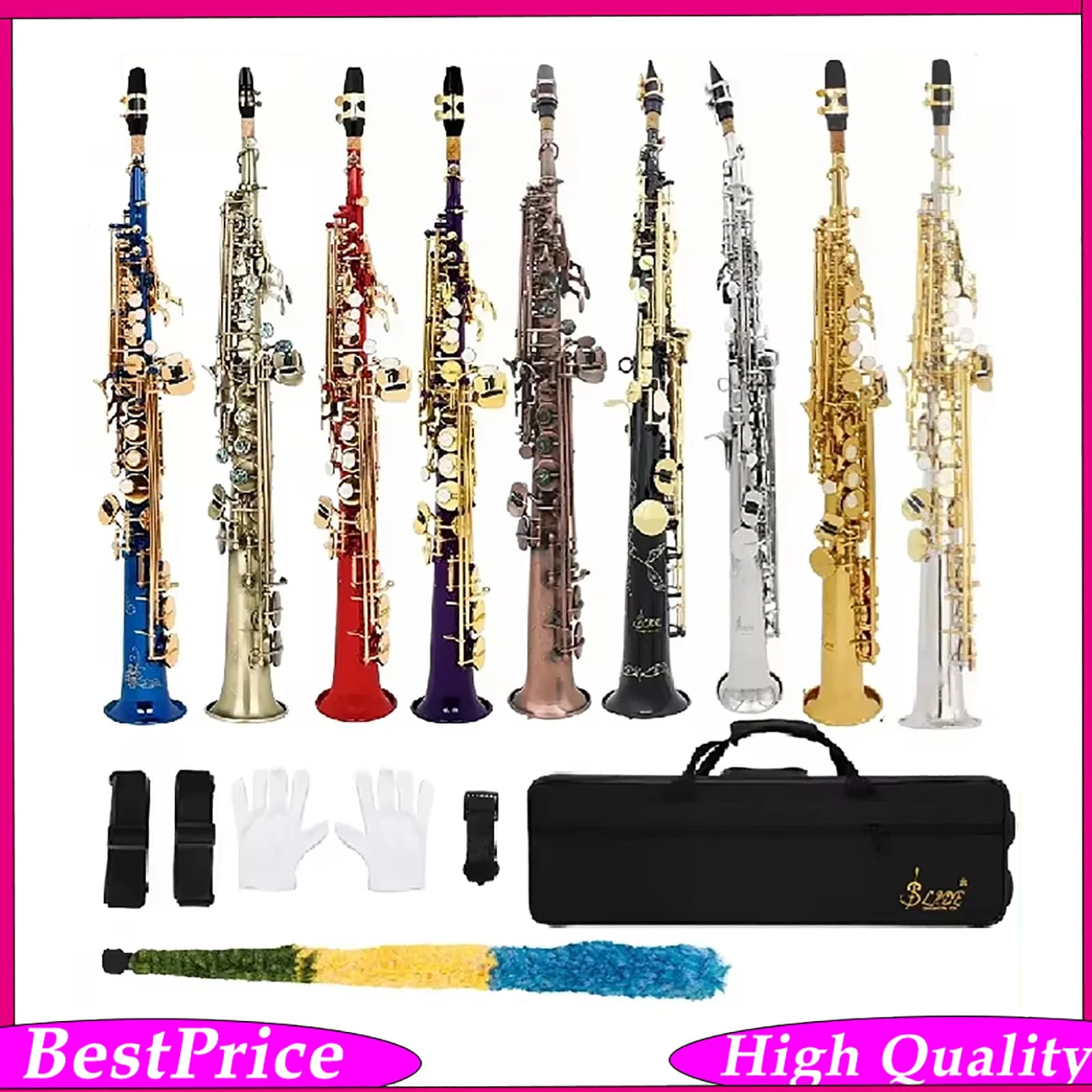 SLADE Soprano Saxophone Direct Tube Latun Bb/B Flat Natural Body Carved Design with Shoulder Case Straight Tube Saxophone