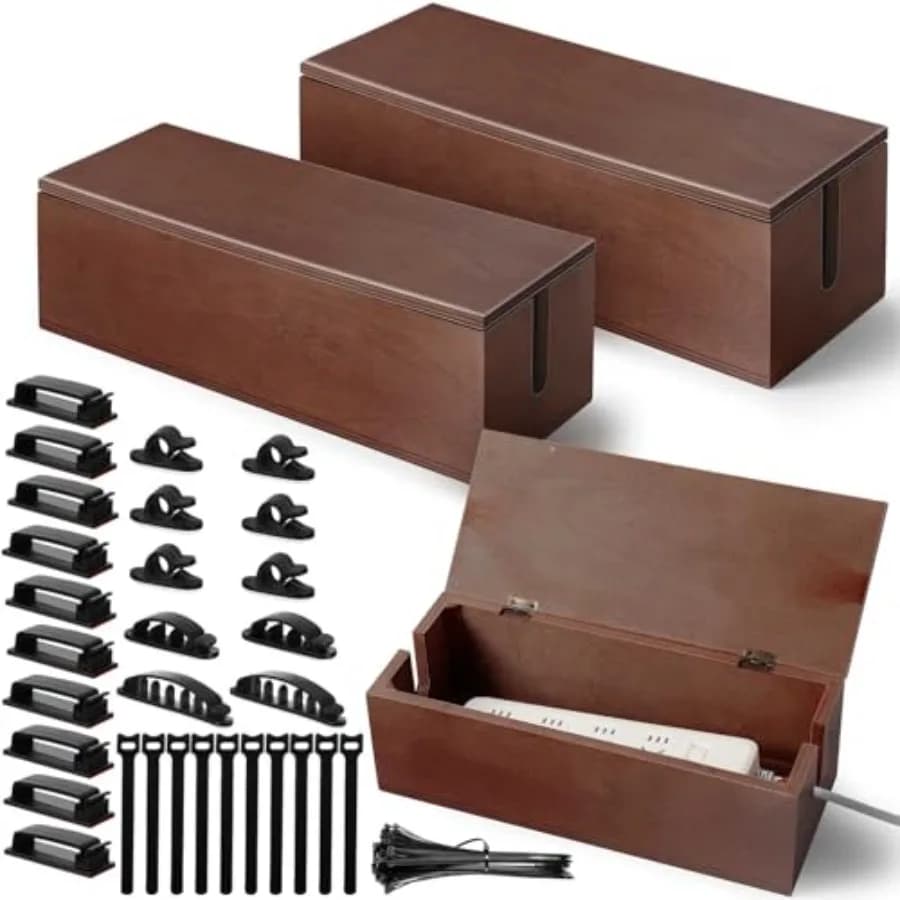 Set di 3 Organizzatori per Cavi in Legno di Diverse Dimensioni con 130 Pezzi Kit Gestione Cavi, Nascondi Cavi da Scrivania, Portacavi per Nascondere Fili e Alimentatori