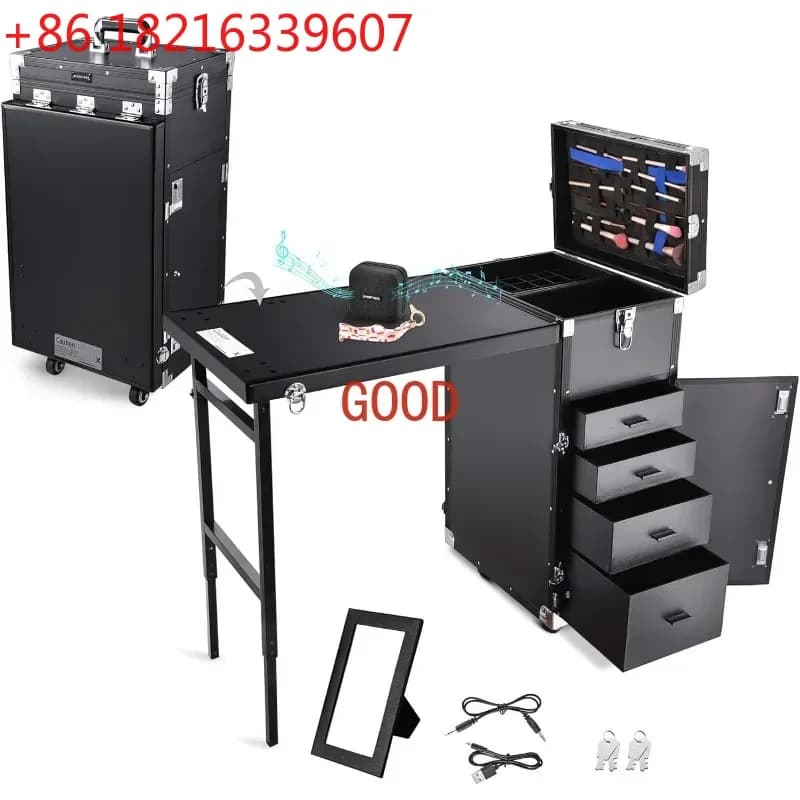 Tavolo da Manicure Pieghevole TAO, Trolley per Trucco con Scrivania, Organizzatore da Viaggio con 4 Cassetti