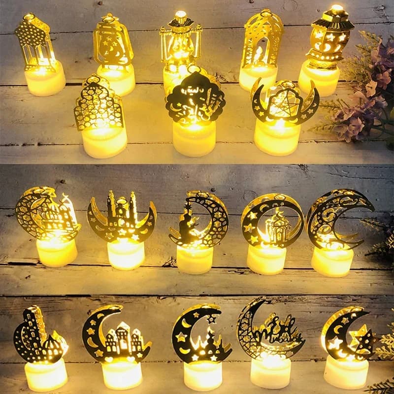 Decorazione Ramadan Eid Mubarak Candela di ferro Luce a LED Ornamento Islam Musulmano Decorazione per feste in casa Regalo Non include la batteria