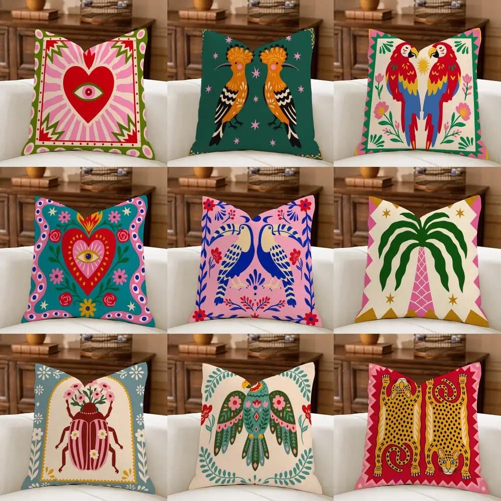 Maximalist Mexican Folk Art Cushion Cover Natural Breathable Durable Linen Printed Decor Pillow Case Sofa Bedroom