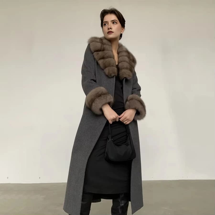 Women's Genuine Fur Coat Genuine Fox Fur Coat Long coat in wool blend Winter coats Woman 2024 Hot luxury