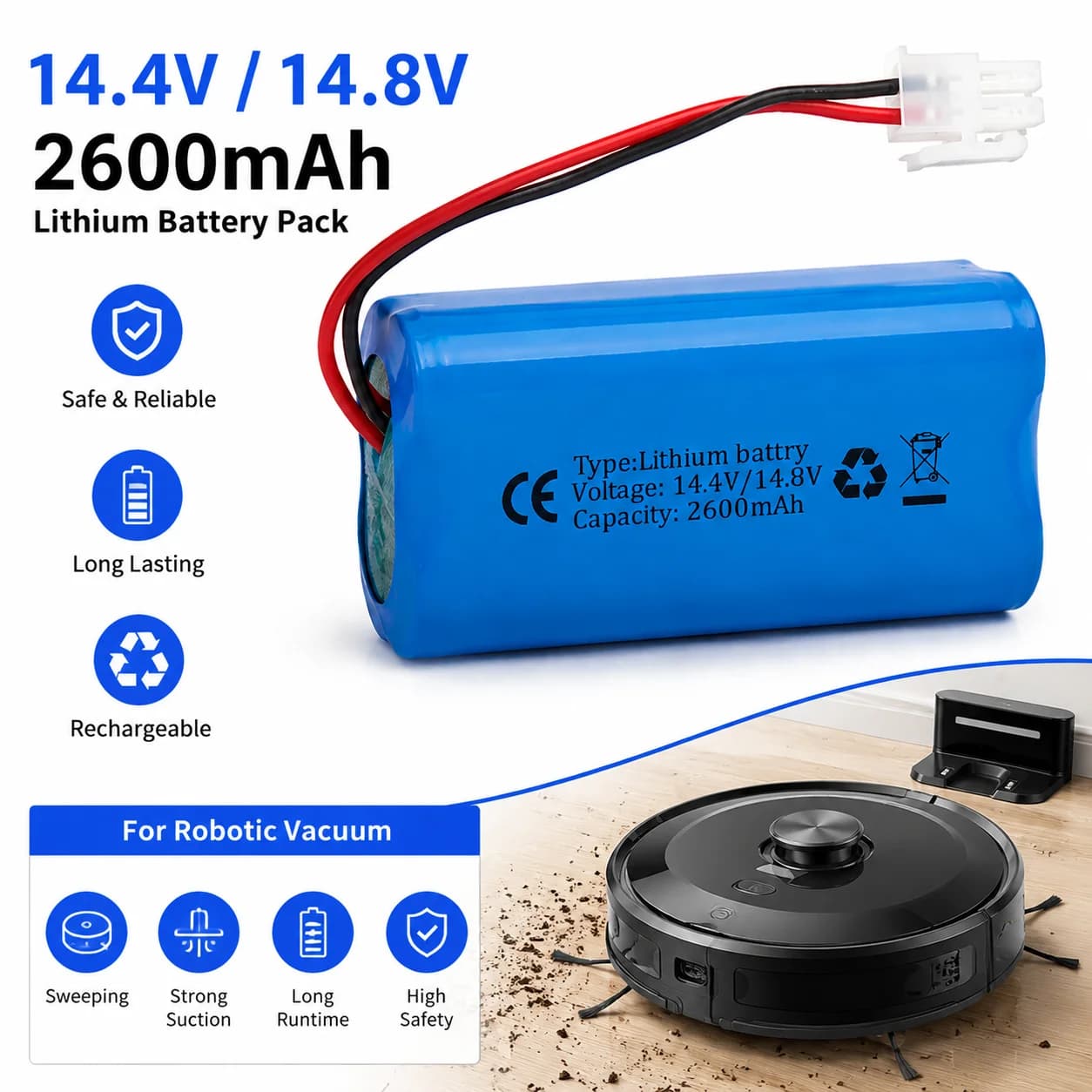 Batteria ricaricabile agli ioni di litio da 14,4 V/14,8 V 2600 mAh compatibile con ILIFE A4 A4s V7 A6 A9 V7s Plus 18650 Batteria