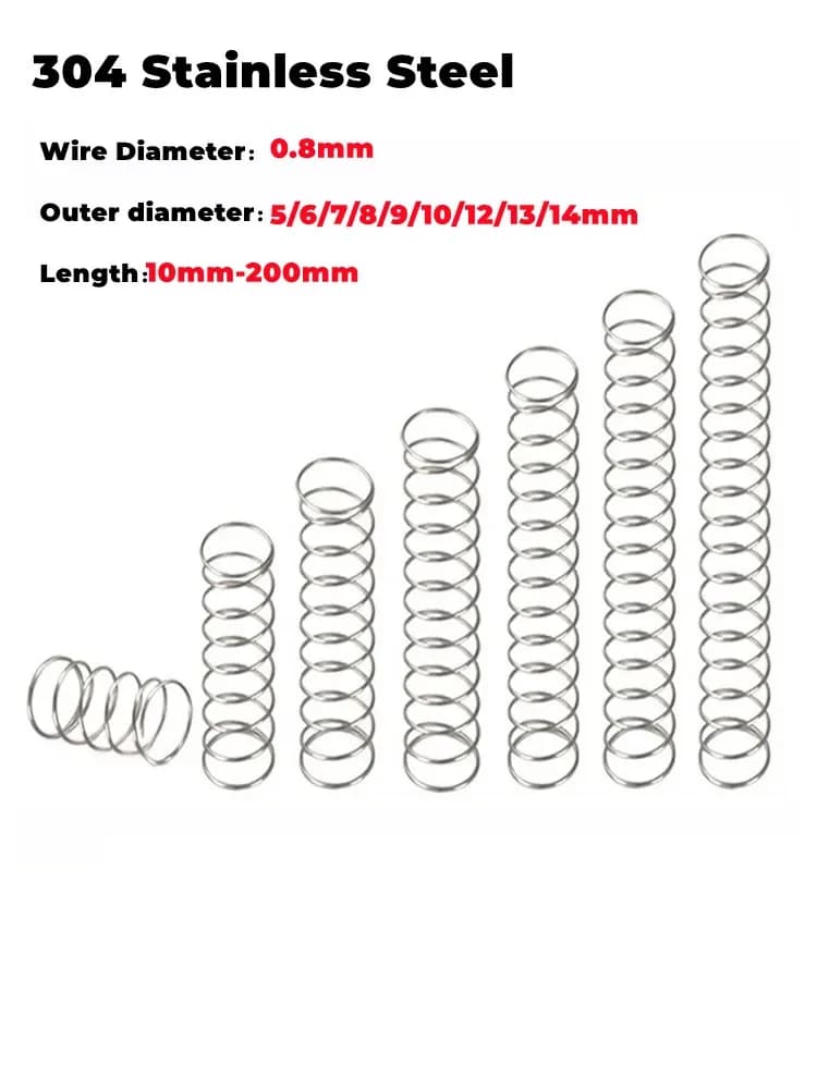 0.8 Molla di compressione Filo di acciaio inossidabile 304 Diametro 0,8 mm Diametro esterno 5/6/7/8/9/10/11/12/13/14 mm Lunghezza 10/15/20/25/30/35/40/45/50/60 mm