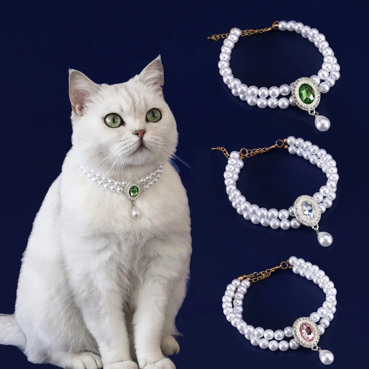 Collana regolabile con perle per cani e gatti, gioielli con ciondolo con diamanti, collare per animali domestici di lusso, matrimonio, compleanno, ballo di fine anno, accessori per costumi