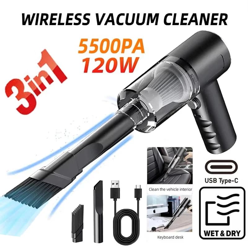 Aspirapolvere wireless 3 in 1 a doppio uso per casa e auto Aspirapolvere potente ad alta potenza da 120 W Nero