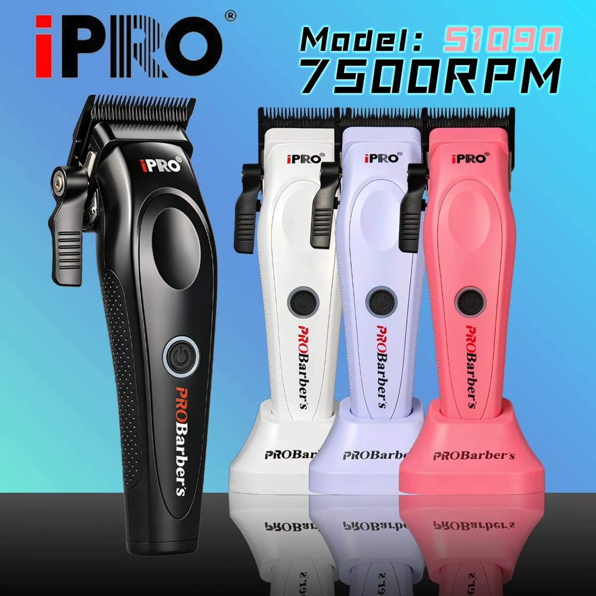 S1090 IPRO Professional Electric Hair Clipper 7500RPM with Base DLC Fade Blade 2500mAh Hair Trimmer Salon for Men Barber Shop