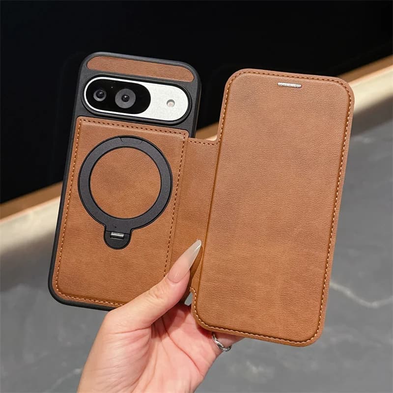 Custodia a portafoglio in pelle PU di lusso per Google Pixel 10 9 Pro XL 8 9 10 Pro 9A Custodia magnetica con staffa ad anello girevole Magsafe 360