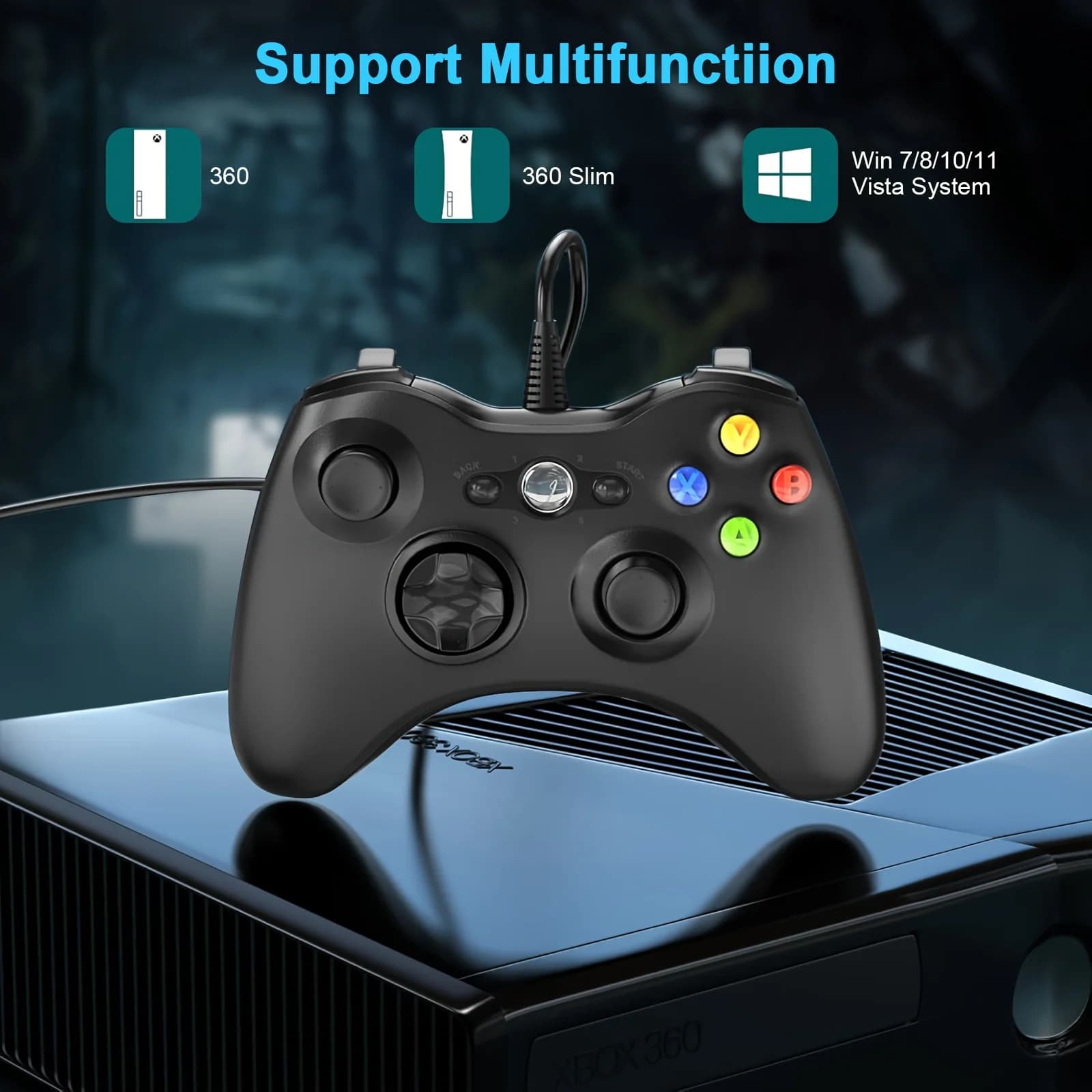 Controller di gioco cablato USB per console Xbox360, supporta sistemi Windows 7/8/10, controllo joystick per PC, con doppia vibrazione turbo.