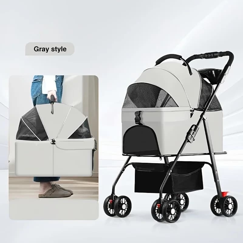 Passeggino di lusso 3-in-1 per animali domestici, stabile a quattro ruote, adatto per viaggi all'aperto, per cani e gatti, portatile e pieghevole