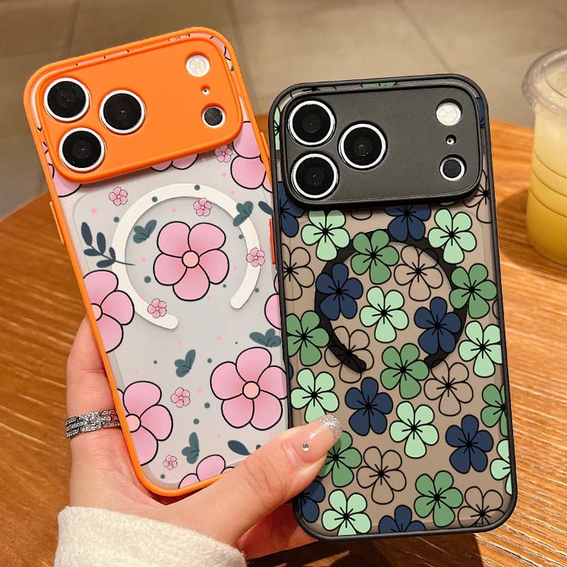 Cartoon Floral Pattern Magnetic Case For iPhone 17 16 Pro 15 14 13 Pro Max For Magsafe Matte Acrylic Soft Frame Hard Back Cover