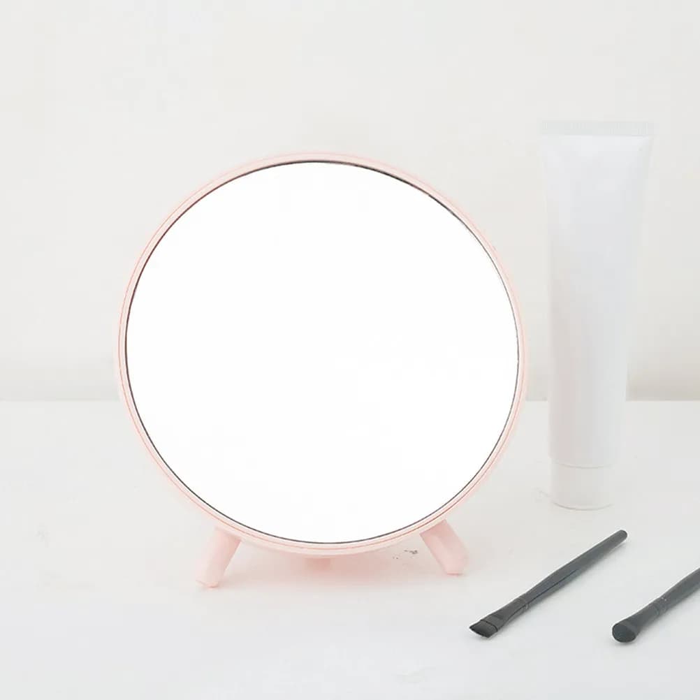 Round Vanity Mirror with Back Storage Box Nordic Desktop Makeup Mirror Triangle Non-Slip Base for Women Gift Pink