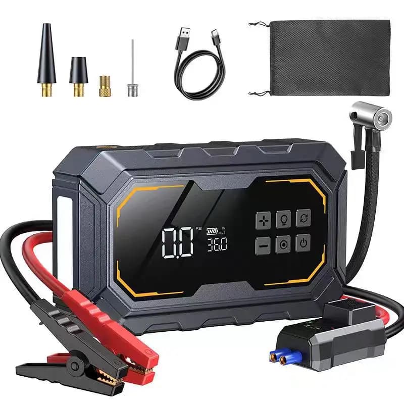 Avviatore di emergenza portatile 4 in 1 per auto, compressore d'aria, pompa per pneumatici, luce LED, power bank, avviatore per batteria auto 12V, caricabatterie per auto