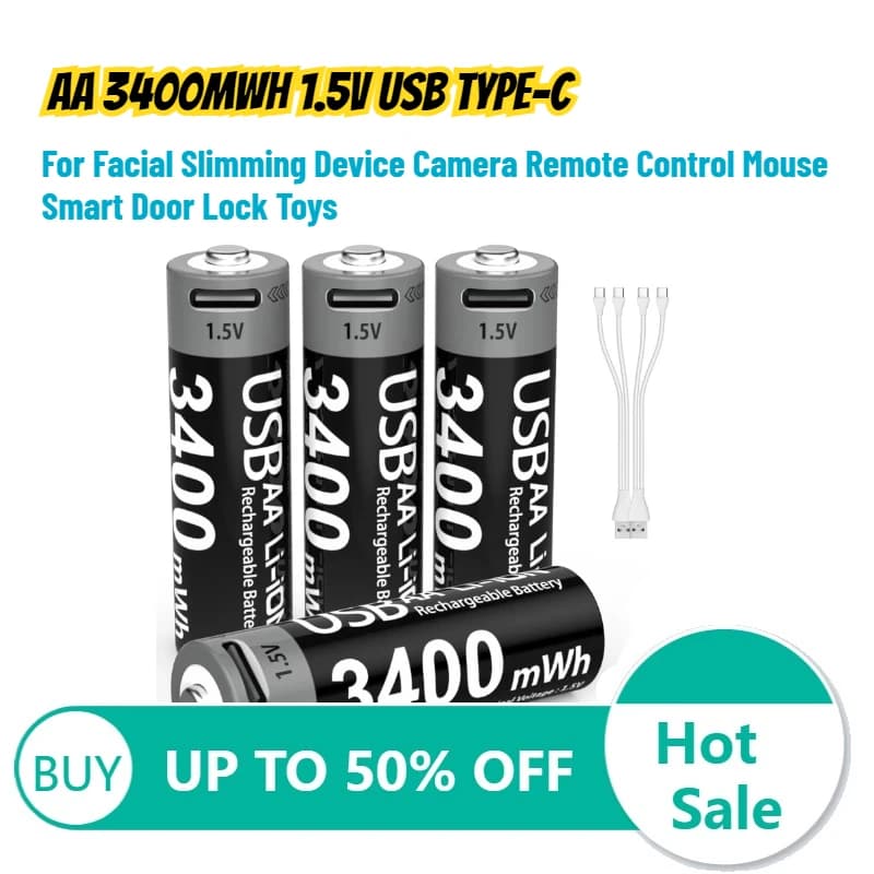 Batteria al Litio AA 3400mWh 1.5V USB Type-C per Dispositivi di Snellimento Facciale, Fotocamere, Telecomandi, Mouse, Serrature Intelligenti, Giocattoli