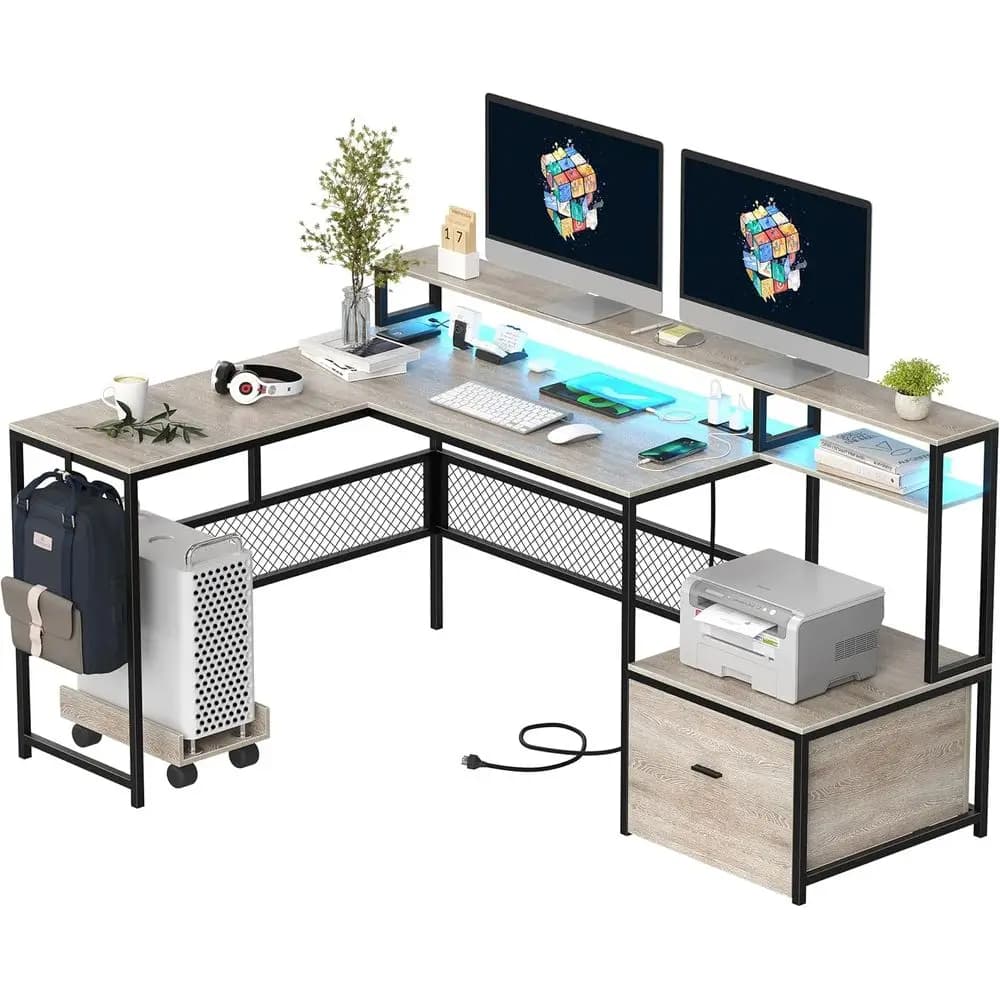 66 Grey L-Shaped Desk with Storage, Power Outlet, LED Lighting, and Monitor Stand