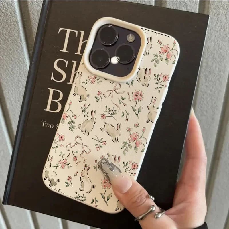 Custodia per telefono in pelle con motivo coniglietto, tulipano e fiocco, stile Fashion Art Romance, per iPhone 17 AIR 16 15 14 13 12 11 PRO MAX PLUS