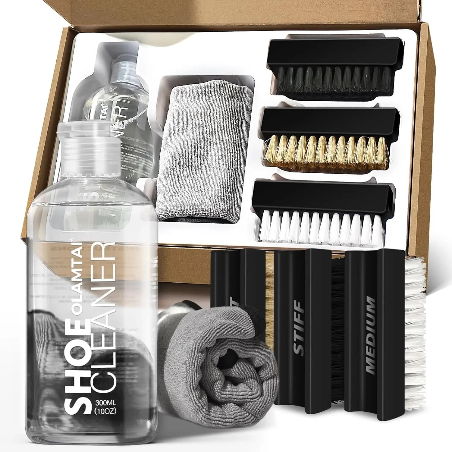 Kit per la Pulizia delle Scarpe, 10oz con 3 Spazzole e Panno in Microfibra, per Pelle Scamosciata, Stivali, Tela, PU, Tessuto