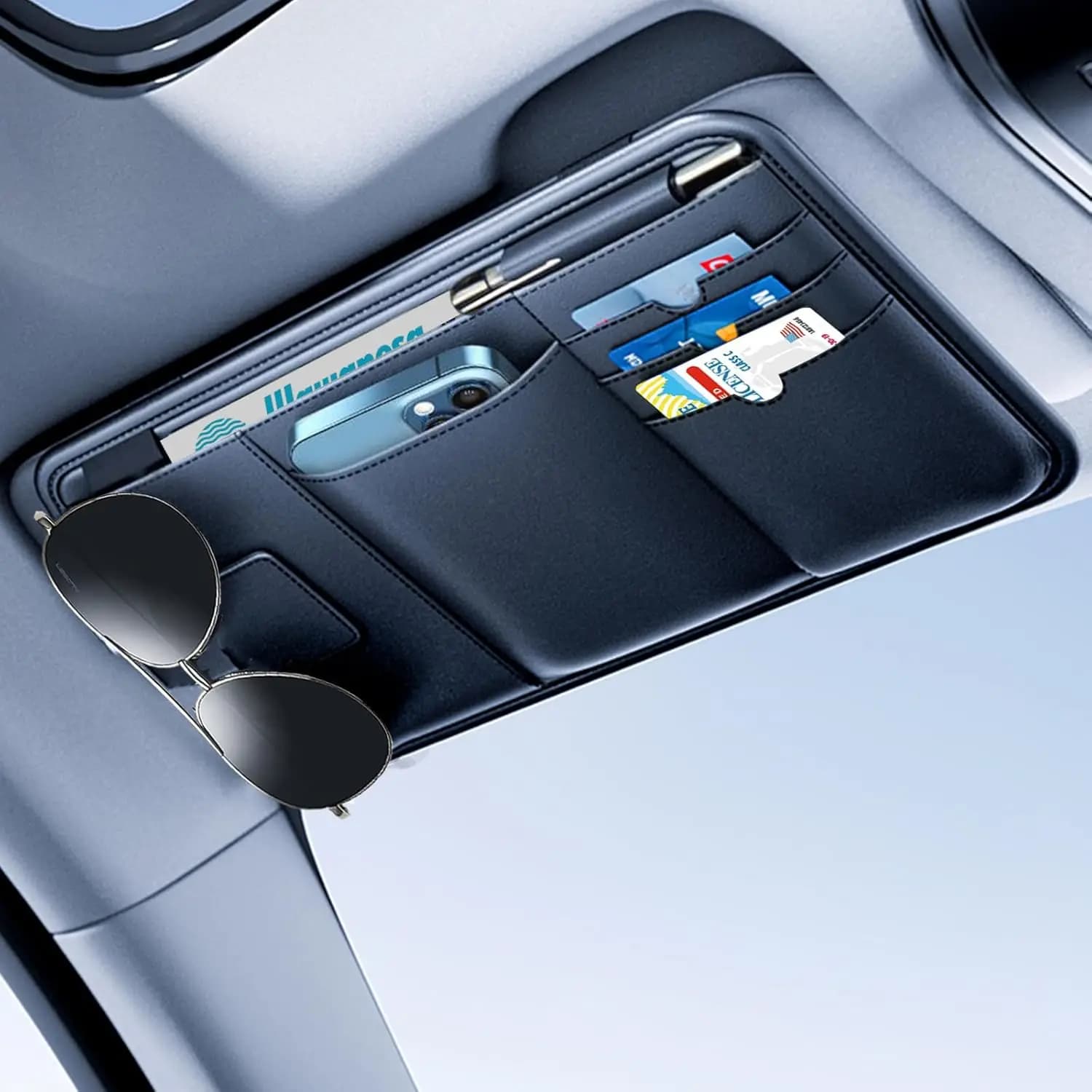 Organizer per Visiera Auto in Pelle Premium - Porta Occhiali da Sole e Porta Carte