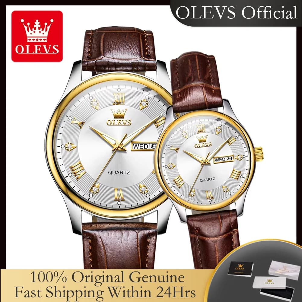 OLEVS 3649 Men's original quartz watch women's leather strap simple Roman scale diamond double calendar pair wrist watch
