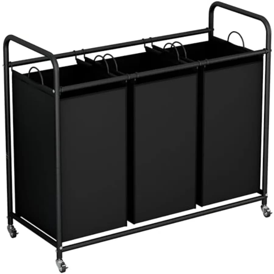 Cesto per Bucato a 3 Scomparti, Cesto Portabiancheria Nero, Carrello Organizzatore per Lavanderia da 5,6 Galloni/15 L con Ruote Resistenti