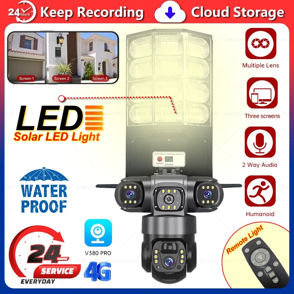 Telecamere Solari 4G con Illuminazione Stradale a LED, Protezione di Sicurezza Esterna, 3 Lenti, Controllo Remoto, Rotazione PTZ, Sorveglianza CCTV