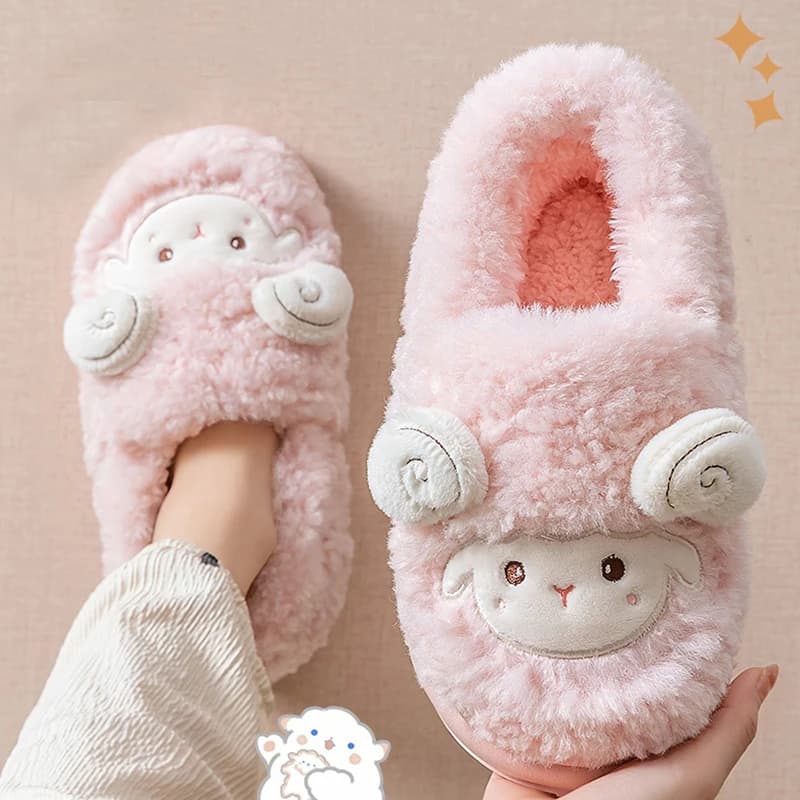 Pantofole in cotone di agnello simpatico cartone animato da donna Pantofole da casa in peluche addensate calde per interni Donna Comode scivoli soffici antiscivolo Donna