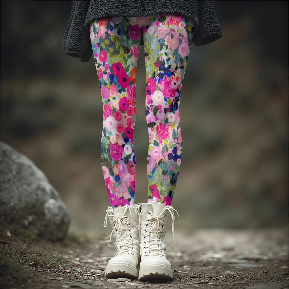 Leggings da donna con motivo fiori in fiore colorato Autunno Inverno Calzamaglia moda calda Elegante look outdoor Moda streetwear