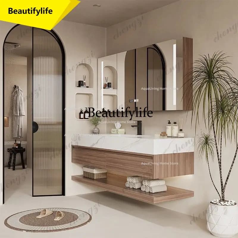 M02 Luxury Rock Plate Bathroom Cabinets Intelligent Mirror Household Wash Up Bathroom Cabinets Open Washbasin Furniture Gabinett