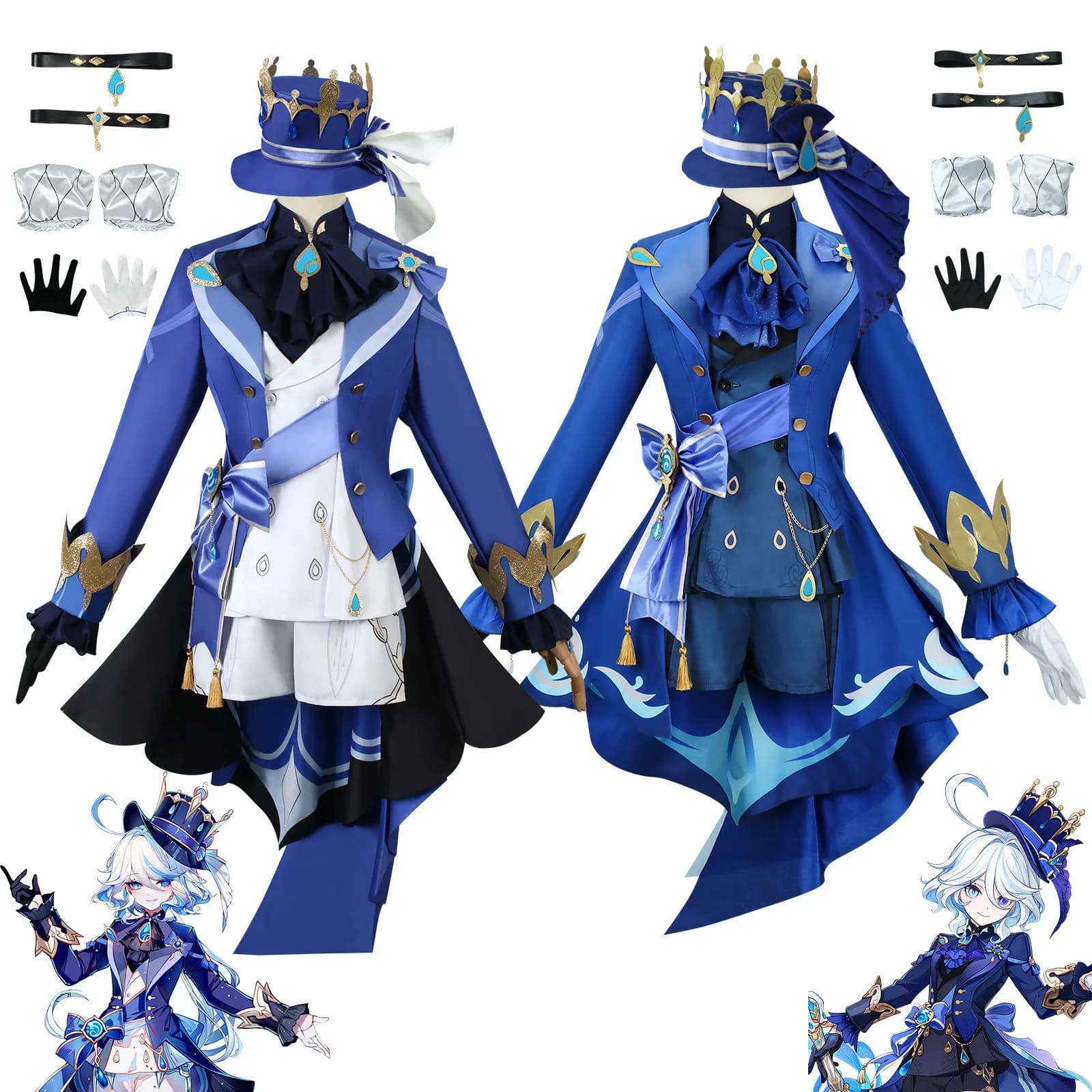 Costume Cosplay Furina, Abito Uniforme Completo, Set con Parrucca e Cappello, Adorabile Completo, Vestito e Cappello Furina, Outfit Donna per Halloween e Comic Con