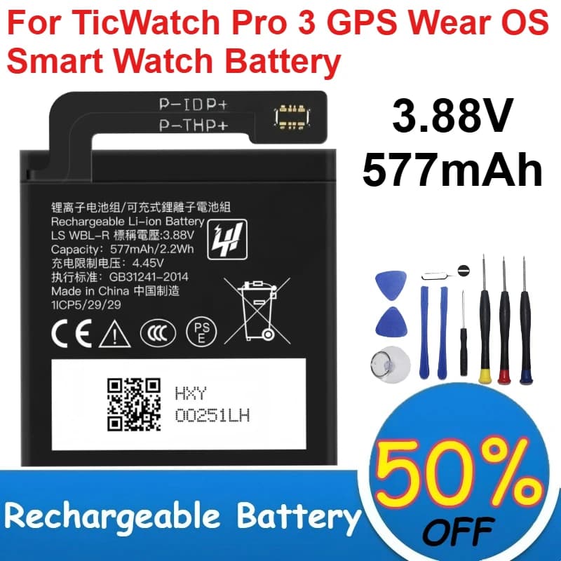 Batteria per Smartwatch SP492929SI Ricaricabile agli Ioni di Litio 3.88V 577mAh per TicWatch Pro 3 GPS Wear OS + Strumenti