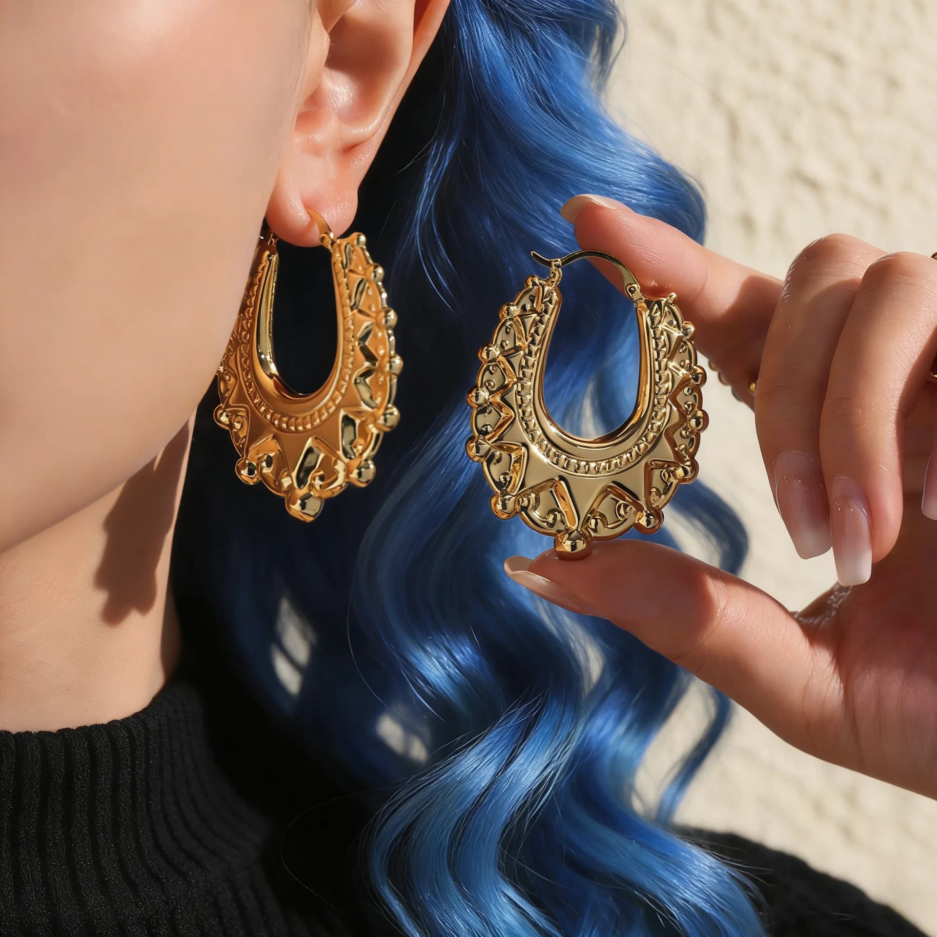 Vintage Carved Gold Hoop Earrings, Bohemian Ornate U-Shaped Drop Earrings, Statement Ethnic Jewelry for Women