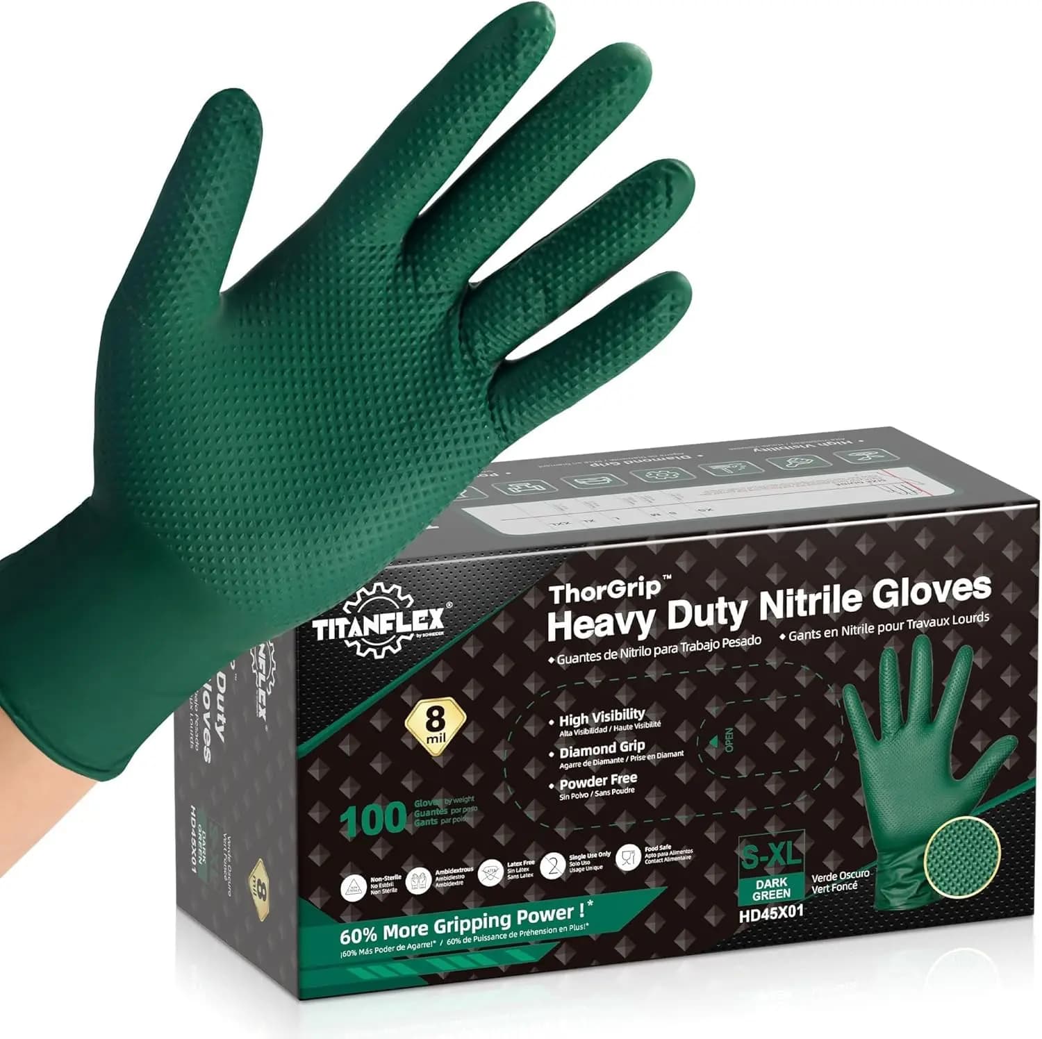Guanti Industriali in Nitrile Resistenti con Texture a Diamante in Rilievo, 8 mil, Senza Lattice, Verde/Verde Scuro/Giallo, Presa Superiore