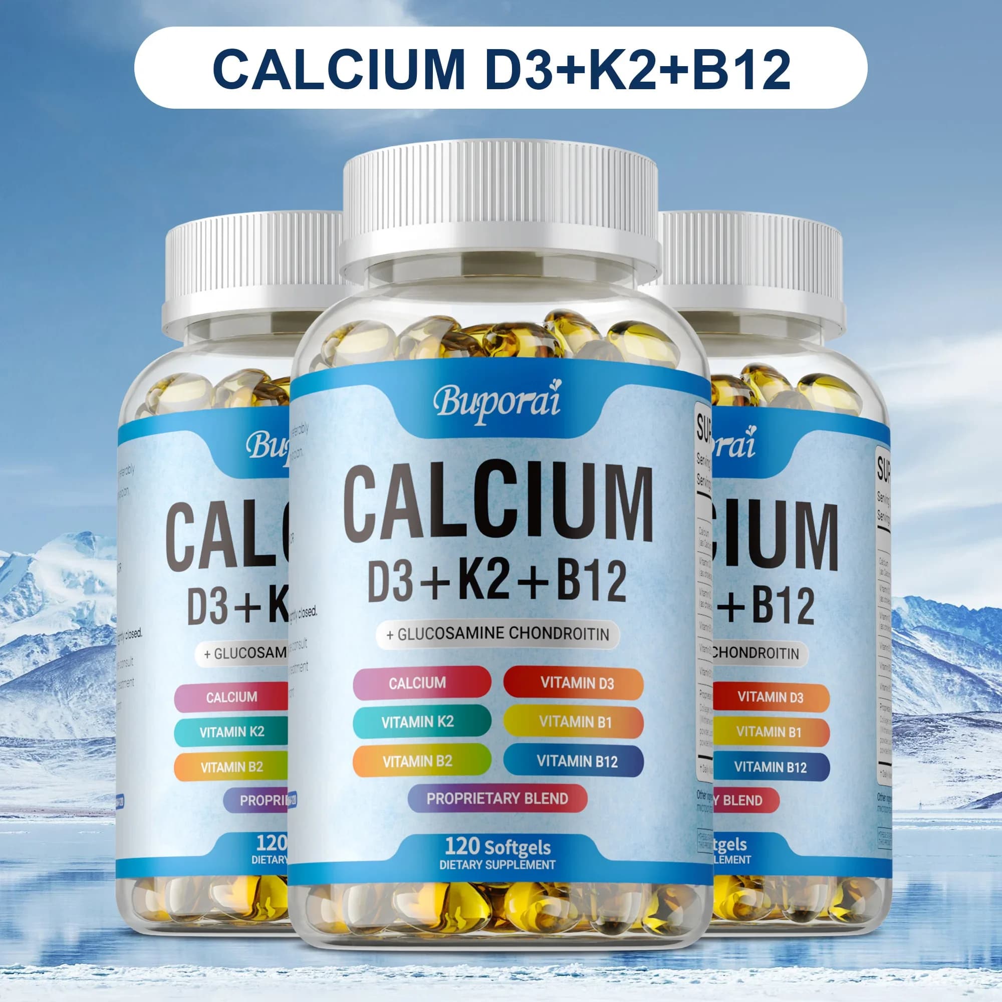 Vitamin D3 + K2 + B12 Calcium Capsule Daily Vitamin Supplement Supports Healthy Bones, Muscles, Heart, Energy & Mood Function