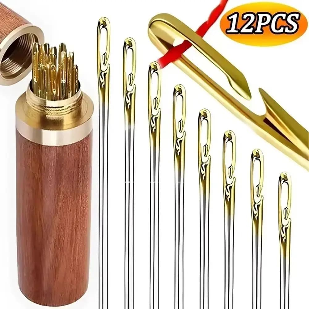 12Pcs/Set Stainless Steel Side Hole Blind Sewing Needles Easy Needless Threading Big Hole Design Self Threading Elderly Needles
