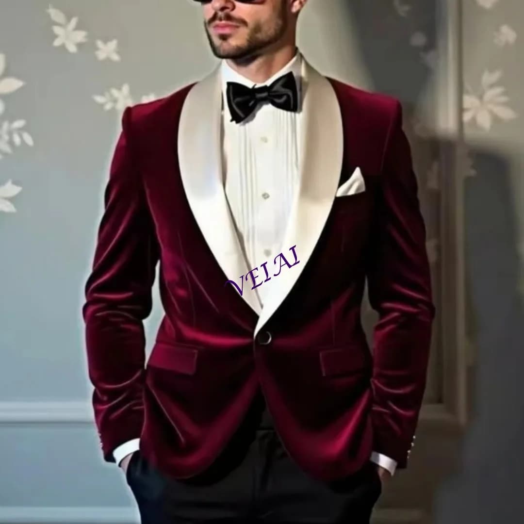 Burgundy Velvet 2 Piece Men's Tuxedo Set Customized Formal Business Suit for Groom Groomsman Wedding Party Prom Male Blazer And