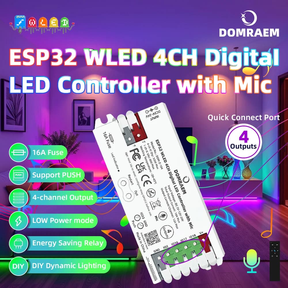 Controller DOMRAEM ESP32 WLED 4CH 16A con Fusibile, Reattivo al Suono, Basso Consumo, Compatibile con Alexa, per Strisce LED RGBIC WS281X SK6812 Fai-da-Te