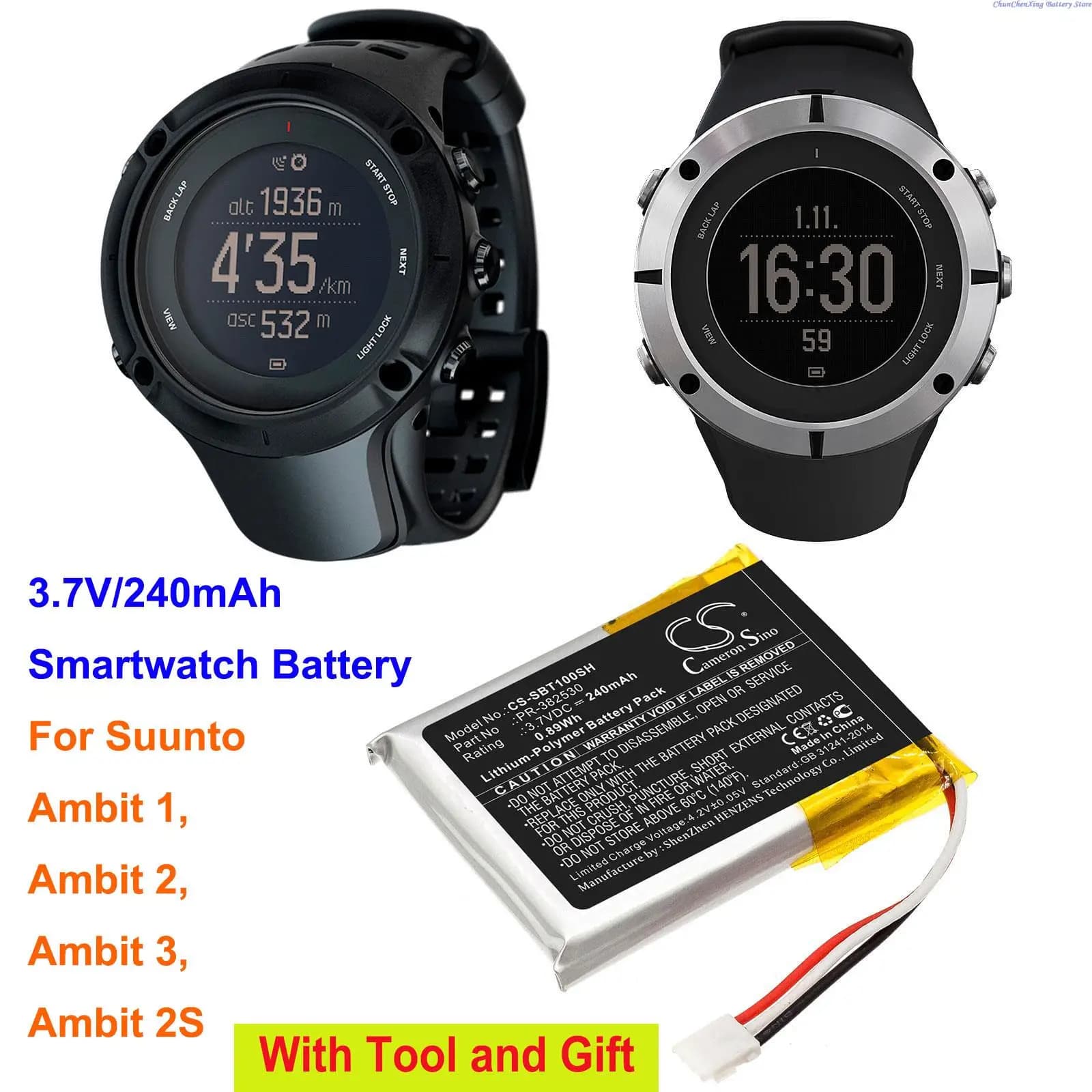 Batteria per smartwatch PR- da 3,7 V 240 mAh 382530 , 100019195 per Suunto Ambit 1, Ambit 2, Ambit 3, Ambit 2S, Traverse, Ambit 3 HR +TOOL