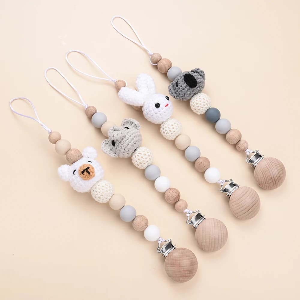 Clip per ciuccio per bambini in legno di faggio Palline di feltro per animali Porta capezzoli Catena Massaggiagengive Giocattoli per allattamento Giocattoli da masticare Regali per la doccia