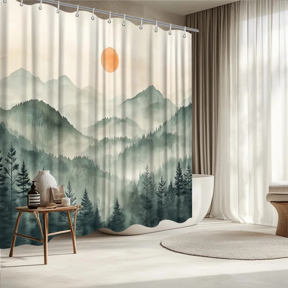 Tenda da doccia con paesaggio montano - Foresta di pini e sole in acquerello, stampa piatta 2D, poliestere resistente allo sbiadimento, 12 ganci, 70,8"x70,8"