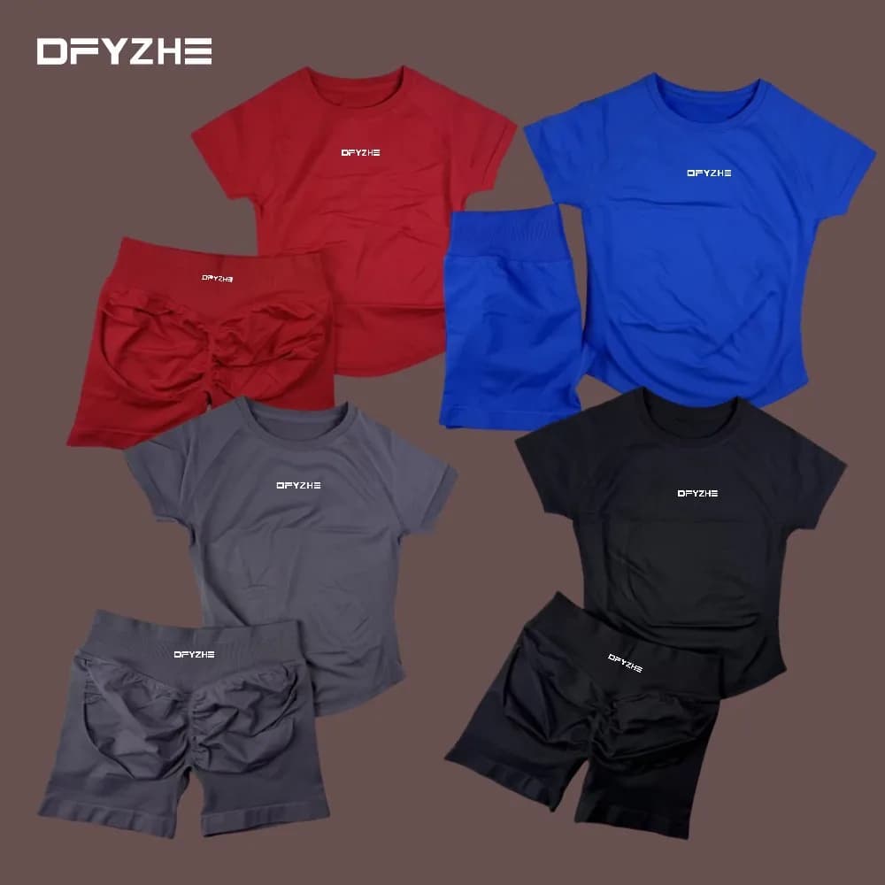 DFYZHE 2-piece sports suit, short sleeved seamless yoga top, full fitness, racing shorts, sports suit, cycling, boxing