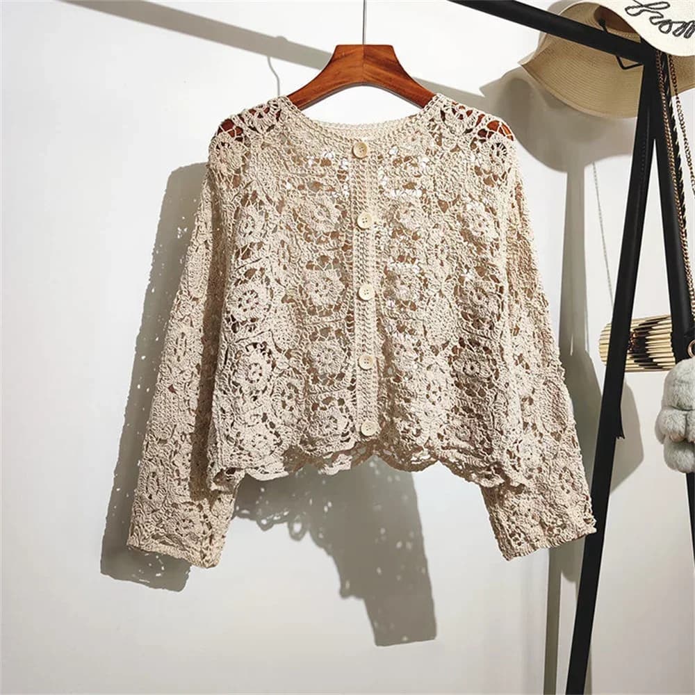 Cardigan in cotone con piccolo scialle in pizzo femminile 2024 primavera ed estate o collo manica lunga solido cardigan vuoto casual femminile