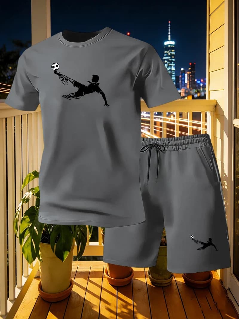 Football Sports Short Sleeved T-shirt Shorts Summer Men's Breathable Printed Round Neck Men's Casual Home Loose Two-piece Set