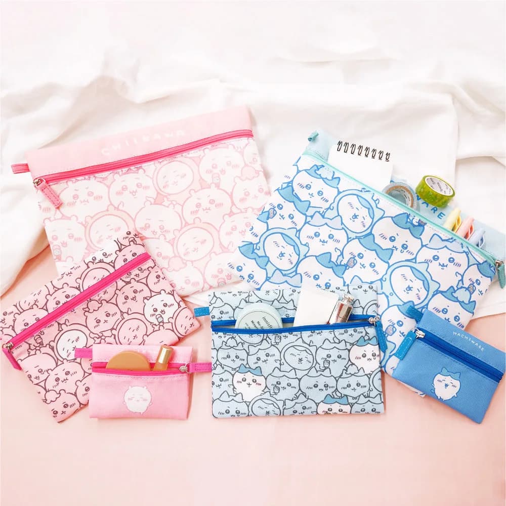Chiikawa Cute Cartoon Storage Bag, Zipper Pencil Case Makeup Bag Set with Usagi Hachiware, Portable Stationery Organizer Gift