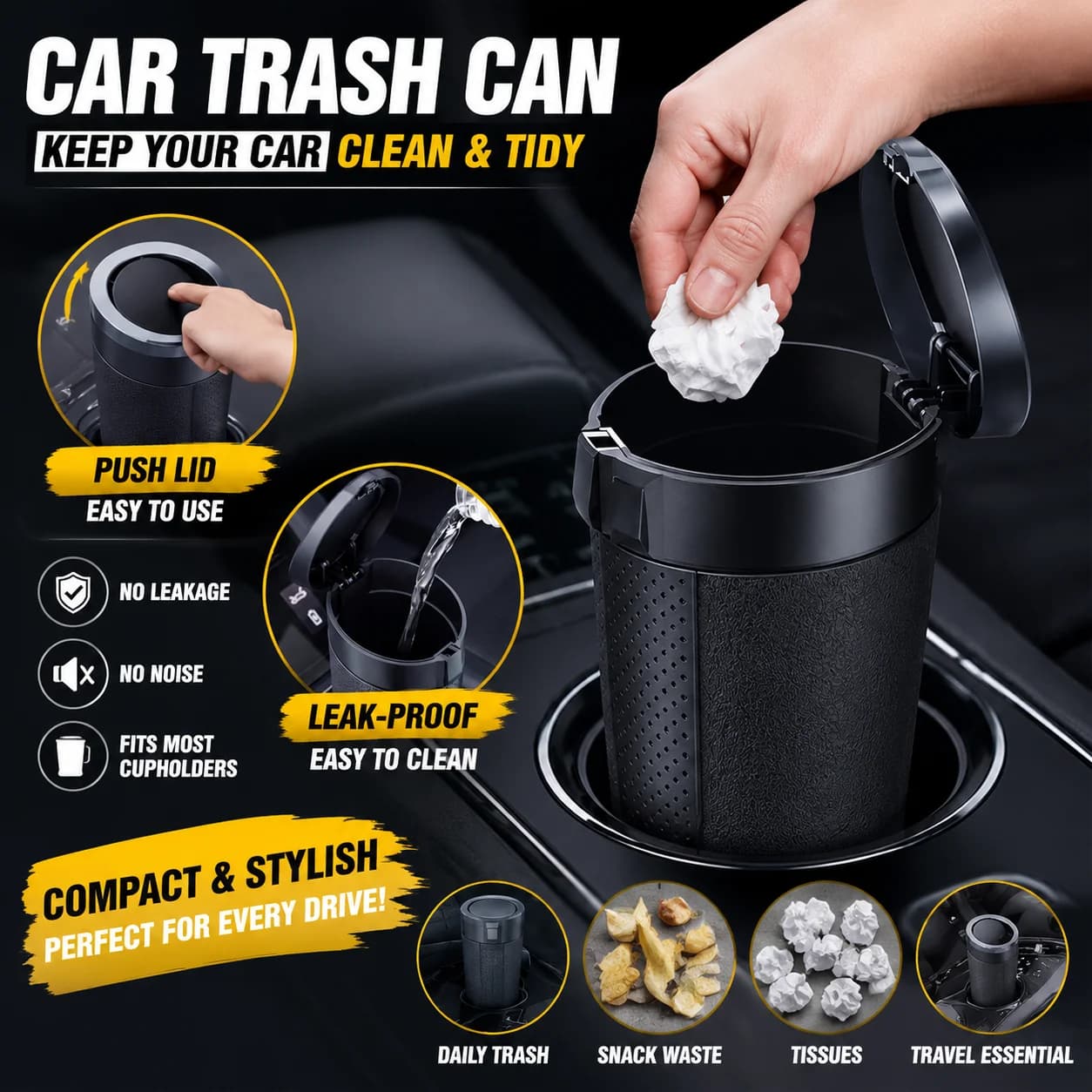 Car Cup Holder Trash Can Push Lid Leak Proof Portable Waste Bin Noise Free Compact Vehicle Interior Storage Organizer Accessory