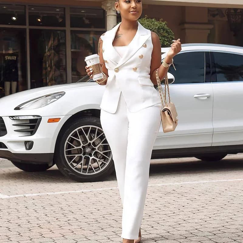 Business Work Wear Two Piece Pant Suits for Women Sets Elegant Sleeveless Blazer Top and Pencil Pants Office Lady Matching Sets