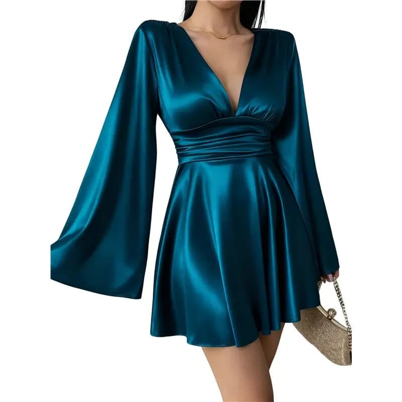 CYL- Abito Corto da Donna in Raso di Seta con Scollo a V Profondo e Maniche Lunghe, Elegante e Fluido, per Matrimoni e Feste