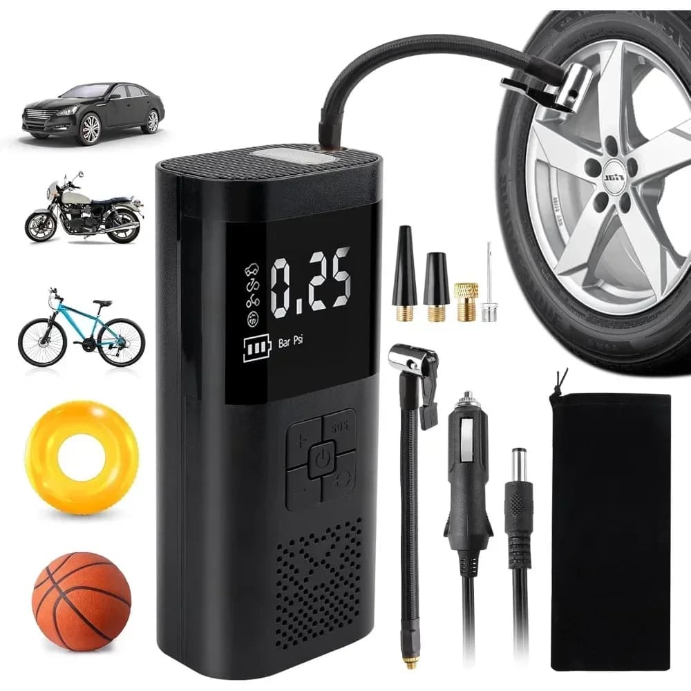 Gonfiatore portatile per pneumatici con luci a LED, dotato di una pompa ad aria multifunzionale intelligente, portatile, per biciclette e sport.