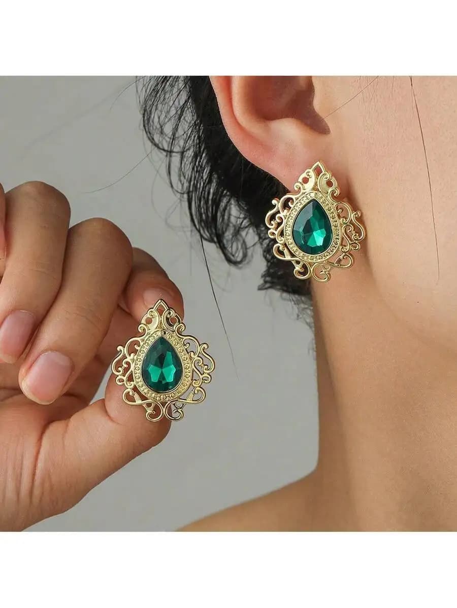 Orecchini in lega stile barocco con gemma verde a goccia per donna, gioielli vintage di tendenza