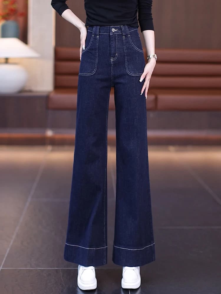 Deep Blue High Waist Loose Fit Straight Leg Denim Jeans Women's Spring Autumn New Style Retro Washed Wide Leg Pants