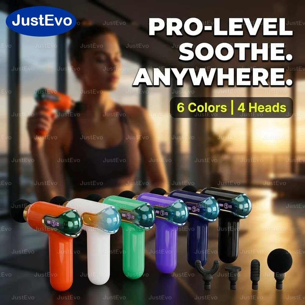 JustEvo Pistola per Massaggio Portatile a 9 Velocità con 4 Testine, Schermo LCD Intelligente, Ricaricabile USB-C, Dispositivo Rilassante per il Corpo, Timer 20 Minuti, Apparecchio per Comfort e Relax